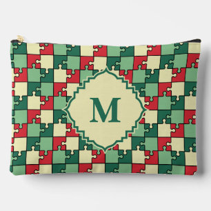 Christmas Green Red Geometric Puzzle Piece Pattern Accessory Pouch