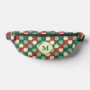 Christmas Green Red Geometric Puzzle Piece Pattern Fanny Pack