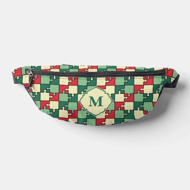 Christmas Green Red Geometric Puzzle Piece Pattern Fanny Pack (Lay Down)