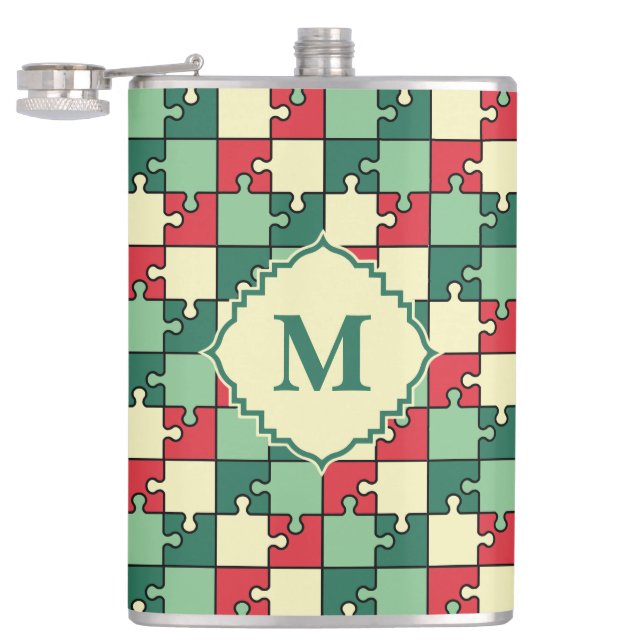 Christmas Green Red Geometric Puzzle Piece Pattern Hip Flask (Opened)