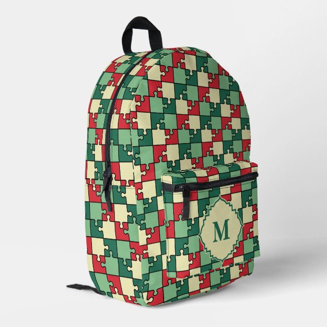 Christmas Green Red Geometric Puzzle Piece Pattern Printed Backpack (Back Corner Left)