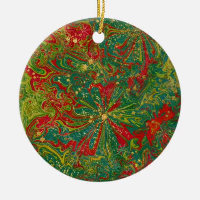 Christmas Green Red Gold abstract marbled  Ceramic Ornament (Front)