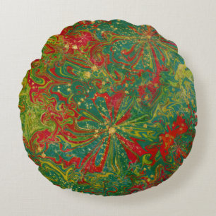Christmas Green Red Gold abstract marbled Round Pillow