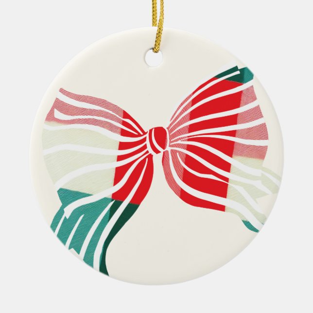 Christmas Green & Red Plaid Tied With Bow Photo Ceramic Ornament (Front)