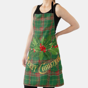 Christmas Green red Plaid With Wreath Apron