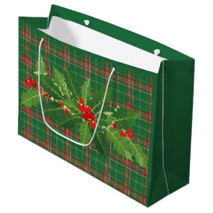 Christmas Green red Plaid With Wreath Large Gift Bag