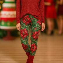 Christmas Green Red Poinsettia Floral Leggings