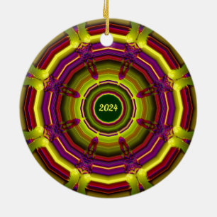 CHRISTMAS ~ Green Red Yellow Purple 2024 Ceramic Ornament
