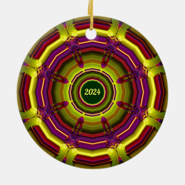 CHRISTMAS ~ Green Red Yellow Purple 2024 Ceramic Ornament (Back)