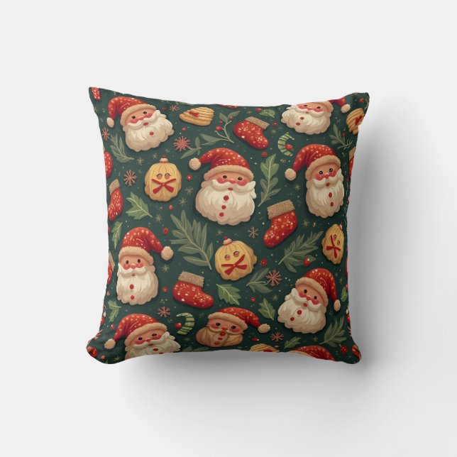 Christmas Green Santa Cookie Pillow Cushion (Front)