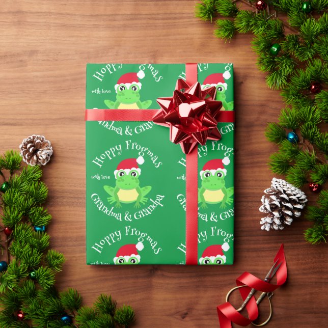 Christmas Green Santa Hat Frog Pattern Cute  Wrapping Paper (Holiday Gift)