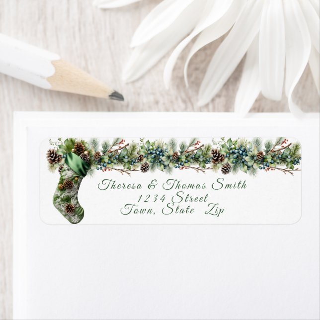 Christmas Green Satin Stocking Pinecones Berries (Insitu)
