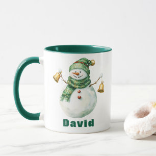 Christmas Green Scarf Snowman with Bells Mug