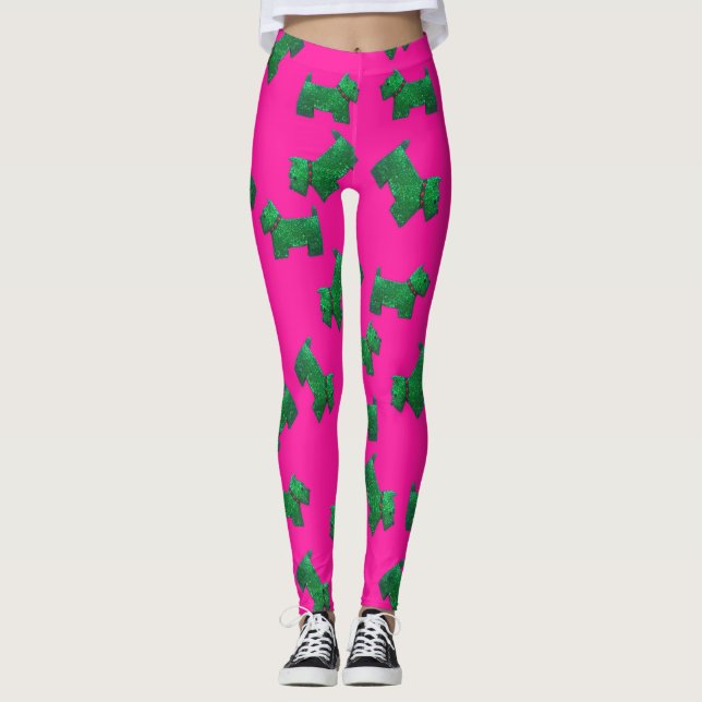 Christmas Green ScottieTerrier pink background Leggings (Front)