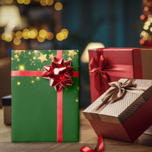Christmas green shiny Golden Stars Wrapping Paper