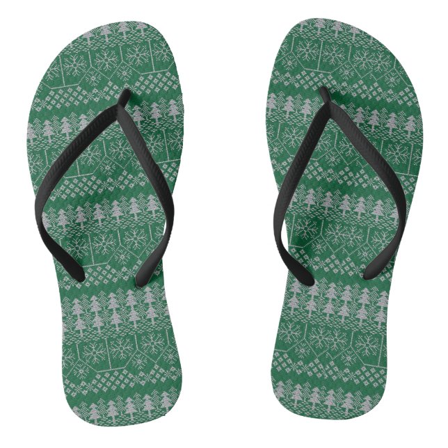 Christmas Green Silver Grey Holidays Elegant Flip Flops (Footbed)