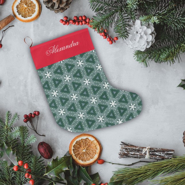 Christmas Green Snowflakes Pattern Personalized  Large Christmas Stocking (Creator Uploaded)