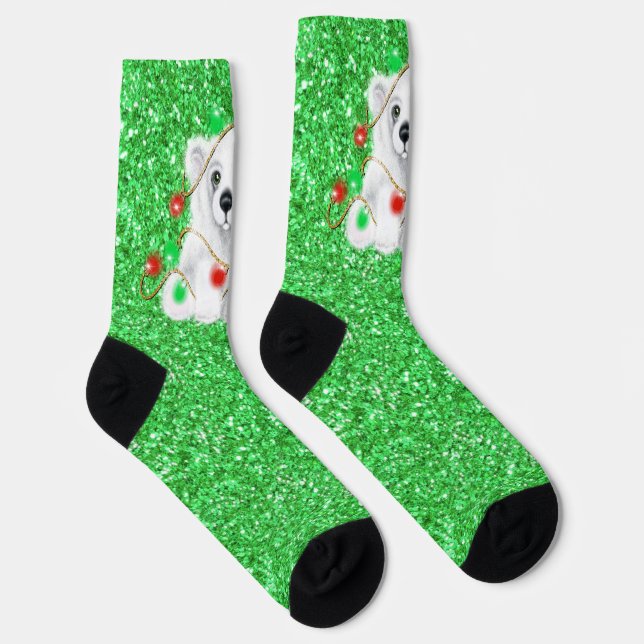 Christmas green sparkle glitter Santa bear Socks (Right)