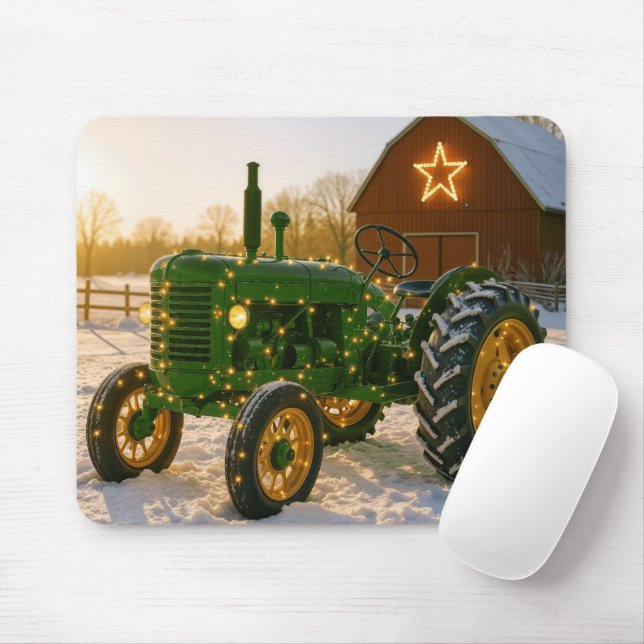 Christmas Green Tractor With Glowing Lights Mouse Pad (With Mouse)