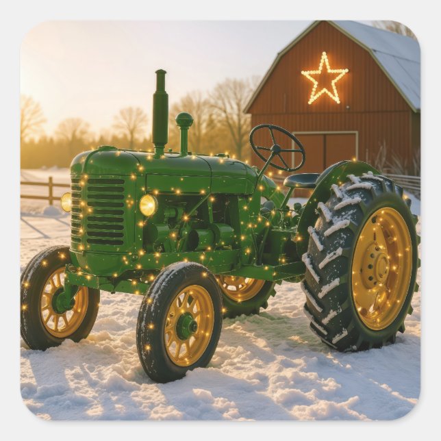 Christmas Green Tractor With Glowing Lights Square Sticker (Front)