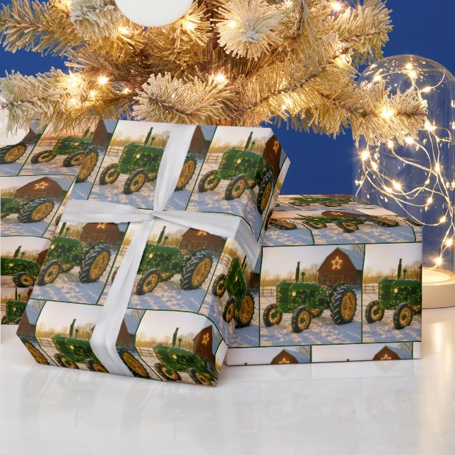 Christmas Green Tractor With Glowing Lights Wrapping Paper (Holidays)