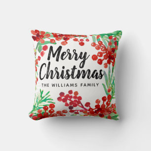 Christmas Green Watercolor Holly Red Berries Throw Pillow