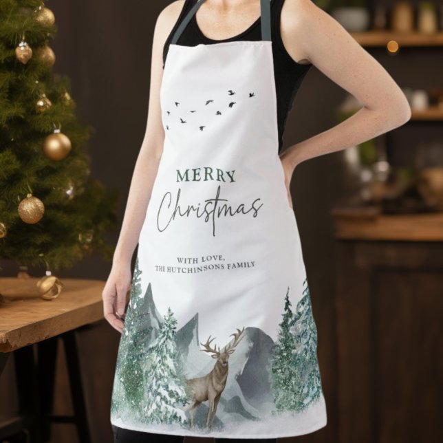 Christmas Green Watercolor Pine Forest Holiday Apron (Creator Uploaded)