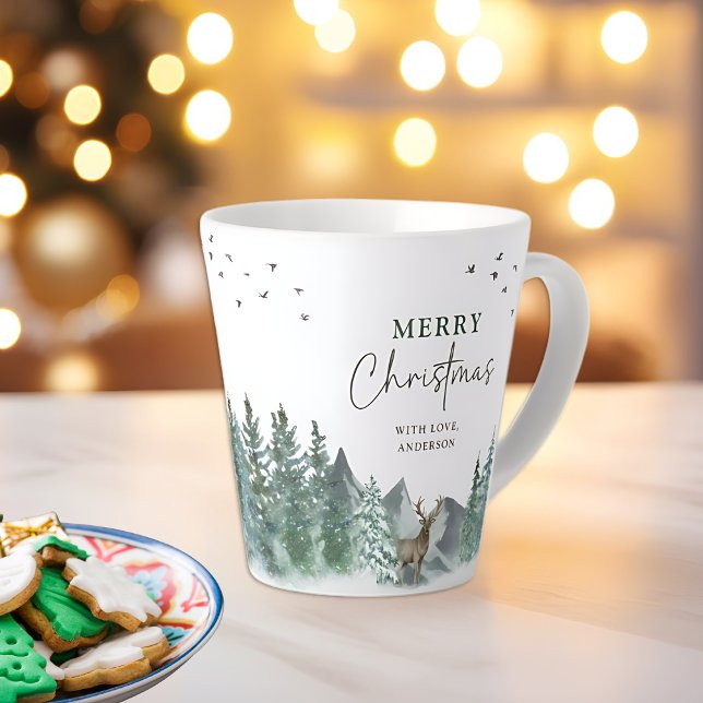 Christmas Green Watercolor Pine Forest Holiday Latte Mug (Creator Uploaded)