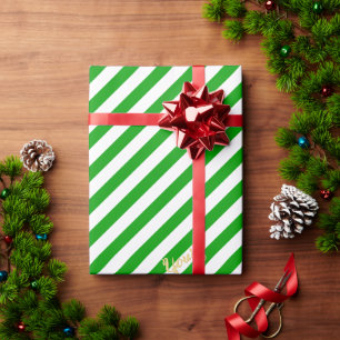 Christmas Green White Stripes Pattern Gold Text Wrapping Paper