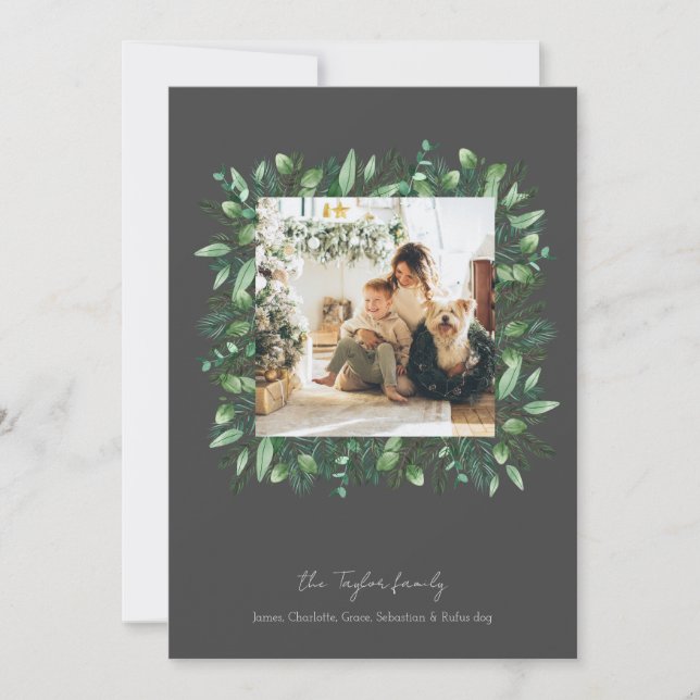 Christmas Green Winter Foliage Photo Frame Holiday Card (Front)