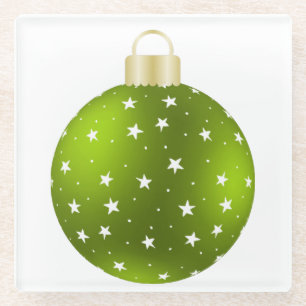 CHRISTMAS GREEN WITH WHITE STARS ORNAMENT GLASS COASTER