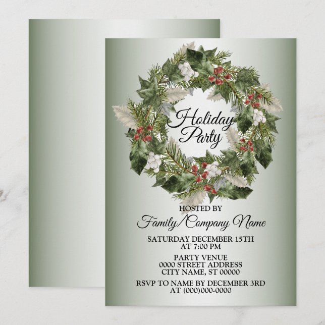 Christmas Green Wreath Elegant Holidays Party Invitation (Front/Back)