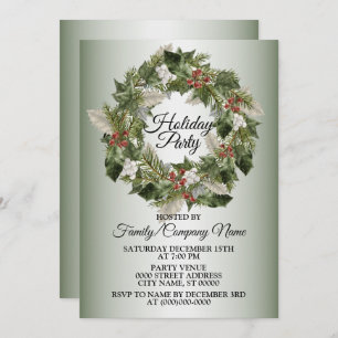 Christmas Green Wreath Elegant Holidays Party Invitation