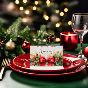 Christmas greenery and bow custom place card
