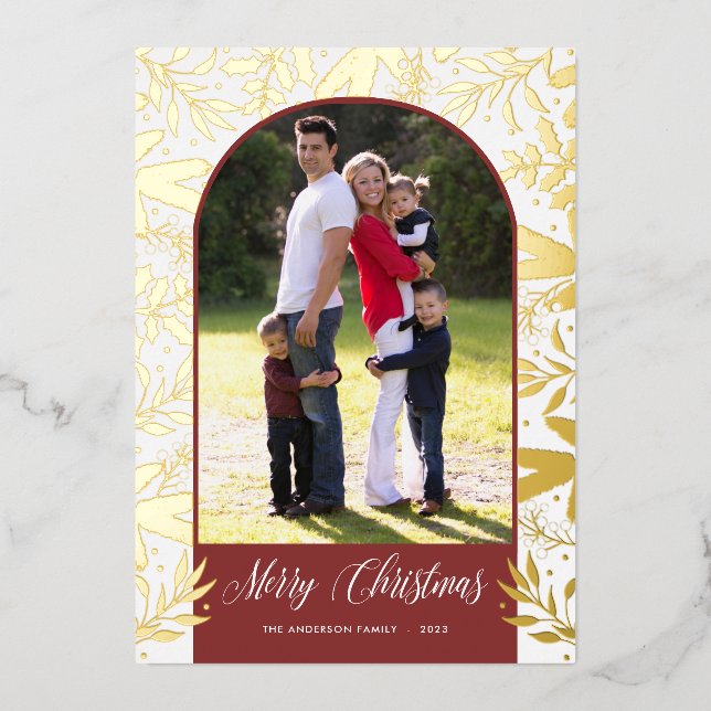 Christmas Greenery Arched Photo Real Gold Foil Holiday Card (Front)