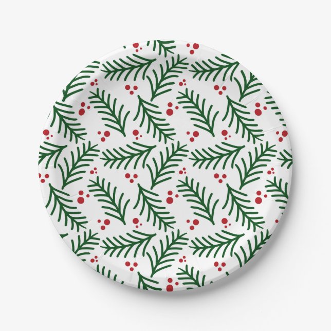 Christmas Greenery Berries Artisan Modern Holiday Paper Plate (Front)
