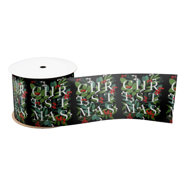 CHRISTMAS Greenery Berries Black Satin Ribbon (Spool)
