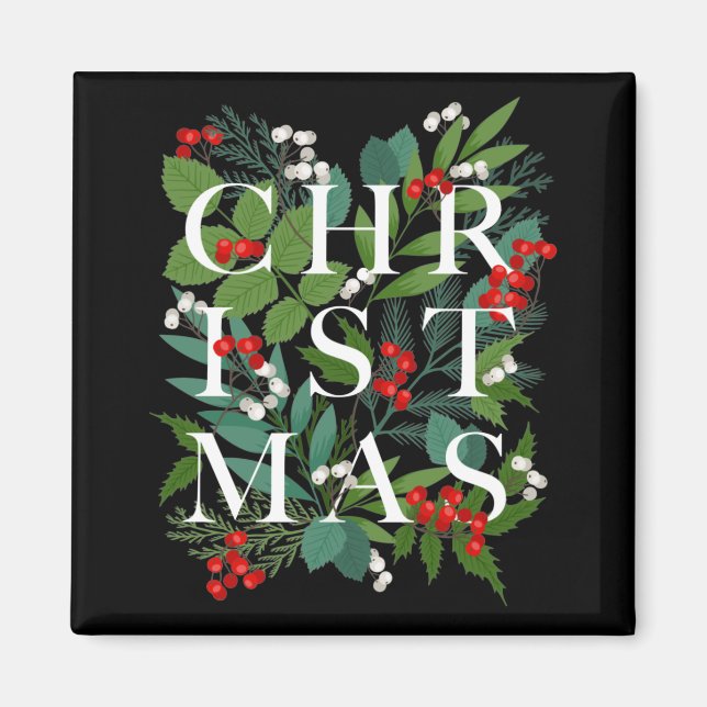 CHRISTMAS Greenery Berries Holiday Black Magnet (Front)