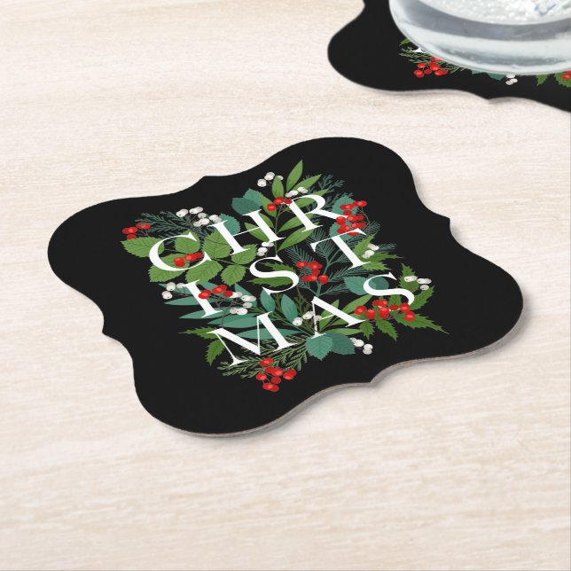 CHRISTMAS Greenery Berries Holiday Black Paper Coaster (Angled)
