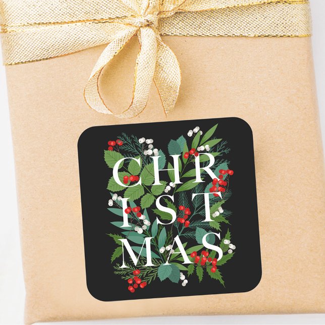 CHRISTMAS Greenery Berries Holiday Black Square Sticker (Creator Uploaded)