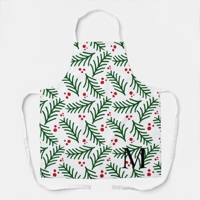 Christmas Greenery Berries INITIAL Modern Holiday Apron (Front)