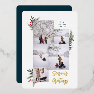 Christmas Greenery Berry Frame 5 Photo Foil Holiday Card