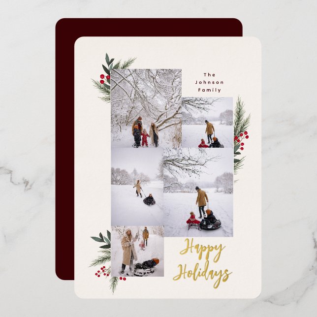 Christmas Greenery Berry Frame 5 Photo Foil Holiday Card (Front/Back)