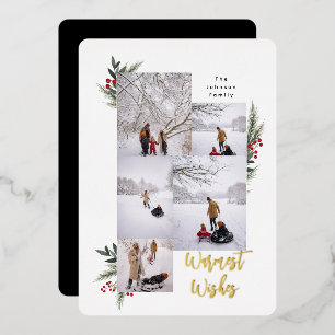 Christmas Greenery Berry Frame 5 Photo Foil Holiday Card