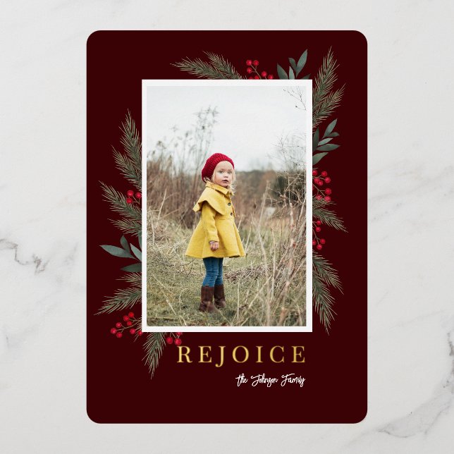 Christmas Greenery Berry Frame Photo Foil Holiday Card (Front)