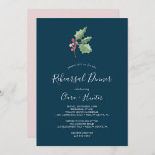 Christmas Greenery & Berry   Navy Rehearsal Dinner Invitation