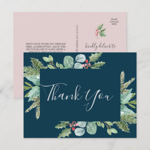 Christmas Greenery & Berry Navy Thank You Postcard