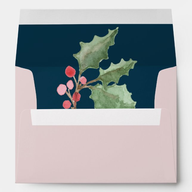 Christmas Greenery & Berry Navy Wedding Invitation Envelope (Back (Bottom))