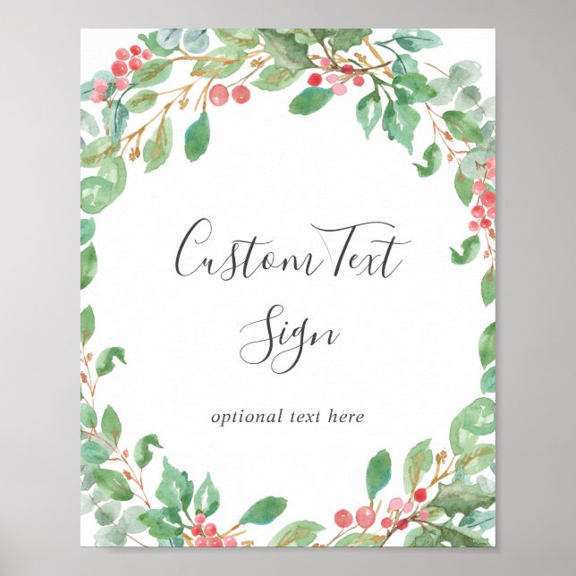 Christmas Greenery & Berry Wreath Custom Text Sign (Front)