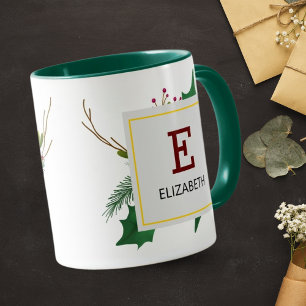 Christmas Greenery Elegant Red Monogram Green Mug